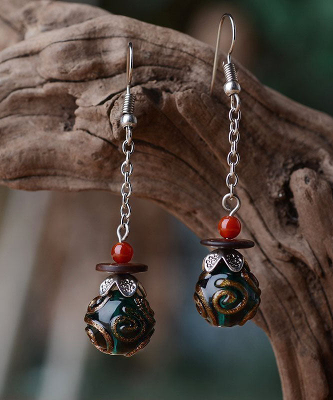 Stylish Blackish Green Coloured Glaze Bead National Silver Drop Earrings