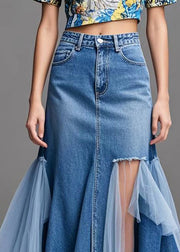 Stylish Blue Asymmetrical Patchwork Tulle Denim Ripped Skirts Fall