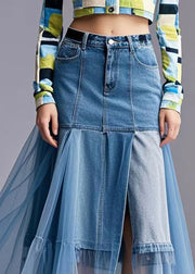 Stylish Blue Asymmetrical Patchwork Tulle Denim Skirt Spring