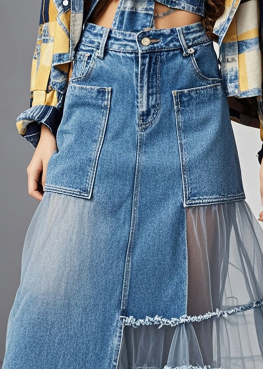 Stylish Blue Asymmetrical Tulle Patchwork Pockets Denim Skirts Spring