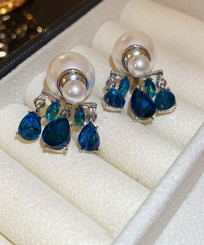 Stylish Blue Copper Zircon Pearl Tassel Drop Earrings