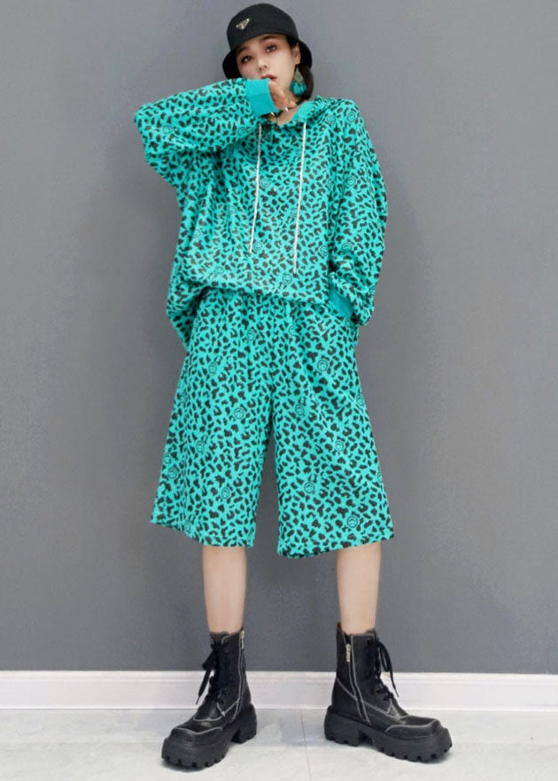 Stylish Blue Drawstring Hooded Leopard Print Cotton Two Pieces Set Long Sleeve