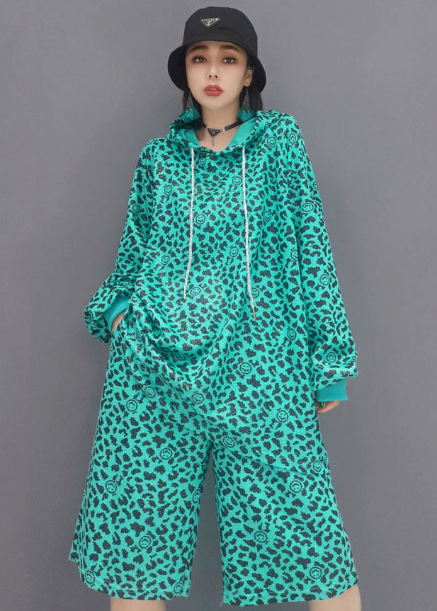 Stylish Blue Drawstring Hooded Leopard Print Cotton Two Pieces Set Long Sleeve