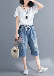 Stylish Blue Embroideried Denim Ripped Jeans Summer