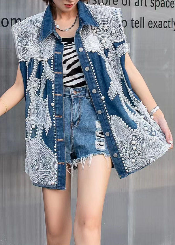 Stylish Blue Embroideried Nail Bead Patchwork Denim Vest Tops Sleeveless