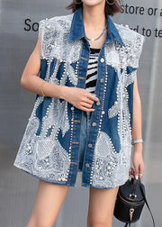 Stylish Blue Embroideried Nail Bead Patchwork Denim Vest Tops Sleeveless