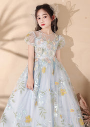 Stylish Blue Embroideried Patchwork Tulle Girls Maxi Dress Summer