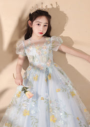 Stylish Blue Embroideried Patchwork Tulle Girls Maxi Dress Summer