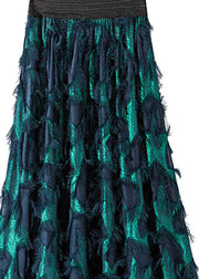 Stylish Blue Feather Tassel Elastic Waist Maxi Skirt Spring