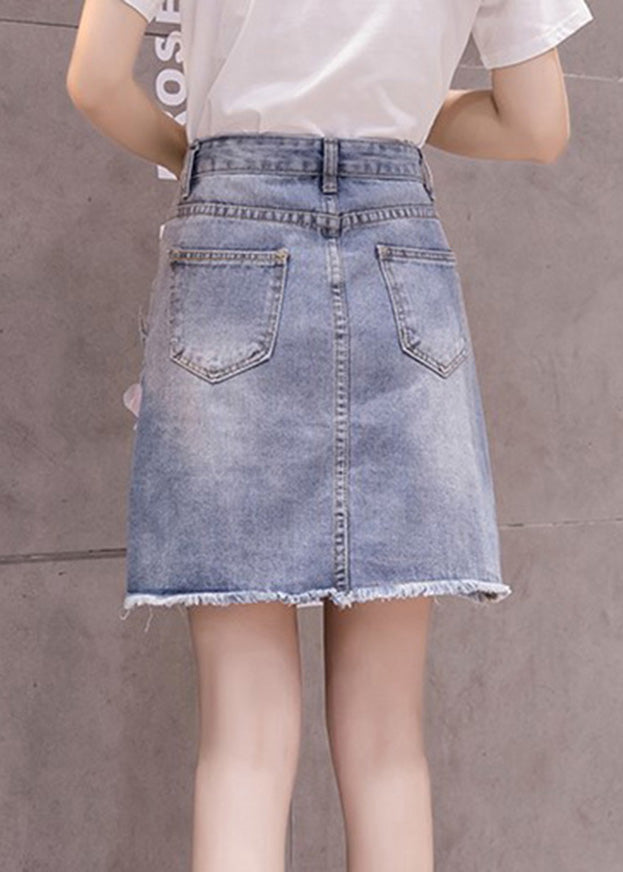 Stylish Blue Floral Patchwork High Waist Nail Bead Denim Skirt