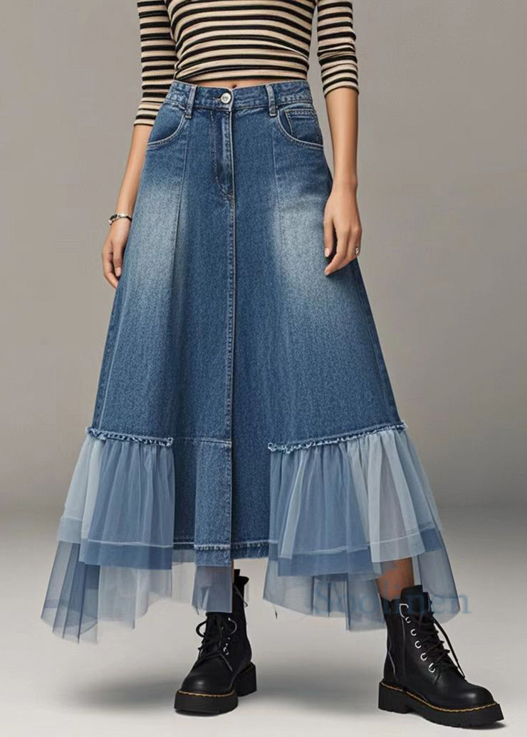 Stylish Blue High Waist Patchwork Tulle Denim A Line Skirts Spring