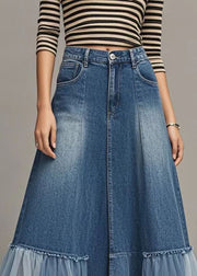 Stylish Blue High Waist Patchwork Tulle Denim A Line Skirts Spring