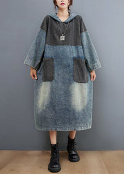 Stylish Blue Hooded Patchwork Pockets Sweatshirt Dress Fall