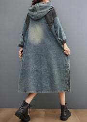 Stylish Blue Hooded Patchwork Pockets Sweatshirt Dress Fall