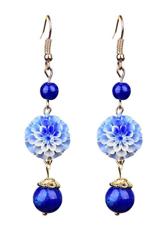 Stylish Blue Jade Floral Tassel Silver Drop Earrings