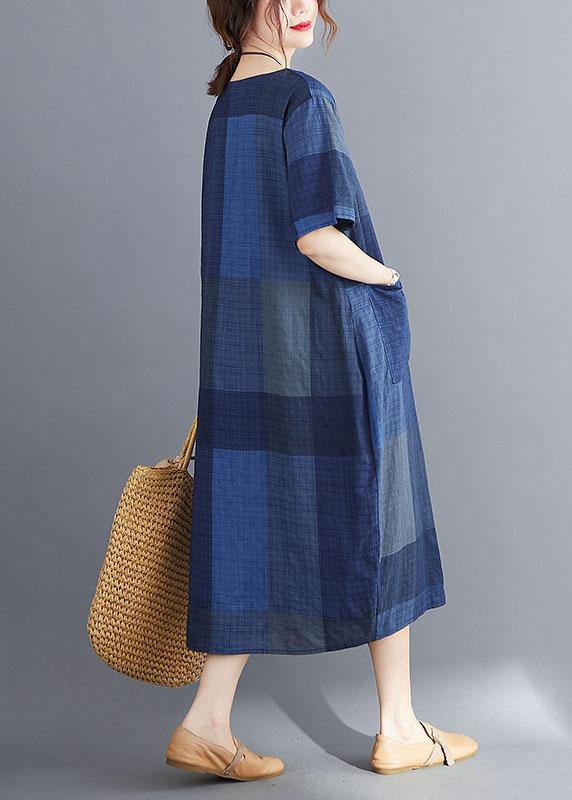 Stylish Blue O Neck Plaid Maxi Dresses Cotton Linen Summer - bagstylebliss