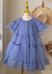 Stylish Blue O-Neck Ruffled Patchwork Tulle Kids Girls Dresses Summer