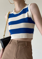 Stylish Blue O Neck Striped Knit Tank Sleeveless