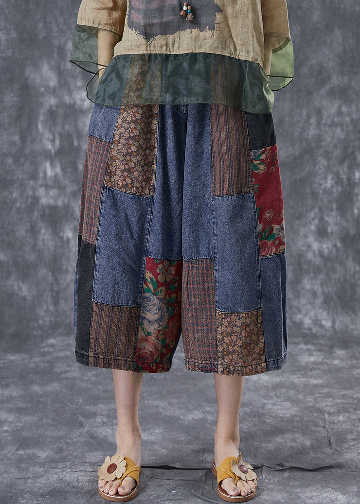 Stylish Blue Oversized Patchwork Denim Crop Pants Summer