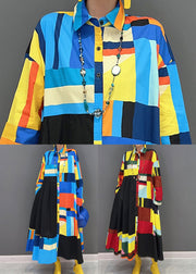 Stylish Blue Oversized Patchwork Exra Large Hem Cotton Shirt Dress Spring