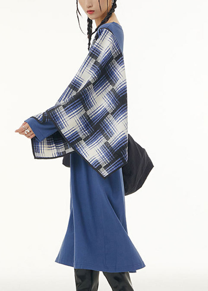 Stylish Blue Oversized Patchwork Shawl Cotton Long Dress Spring