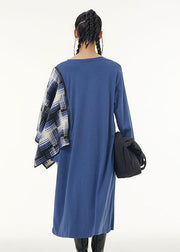 Stylish Blue Oversized Patchwork Shawl Cotton Long Dress Spring