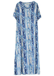 Stylish Blue Oversized Print Linen Holiday Dress Summer