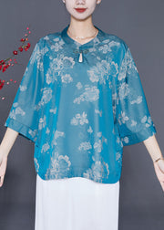 Stylish Blue Oversized Print Silk Shirt Top Bracelet Sleeve