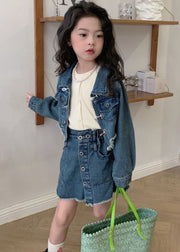 Stylish Blue Peter Pan Collar Button Denim Girls Two Pieces Set Long Sleeve