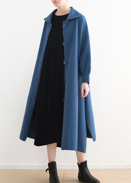 Stylish Blue Peter Pan Collar Button Side Open Wool Knit Coats Winter