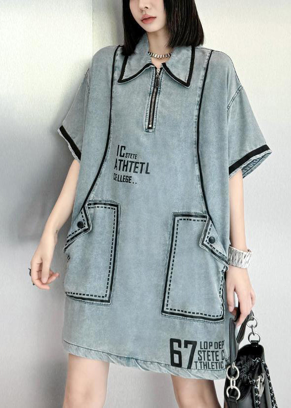 Stylish Blue Peter Pan Collar Graphic Denim Mid Dresses Summer