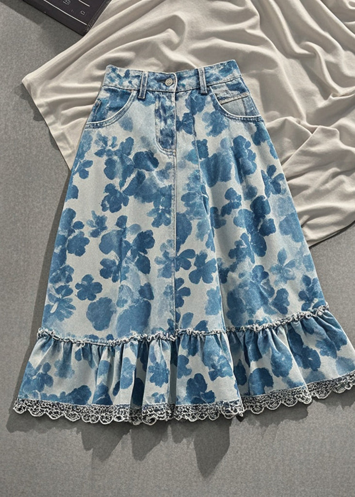 Stylish Blue Print Patchwork Lace Denim Skirts Fall