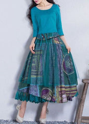 Stylish Blue Print Wrinkled Lace Patchwork Chiffon Skirt Summer