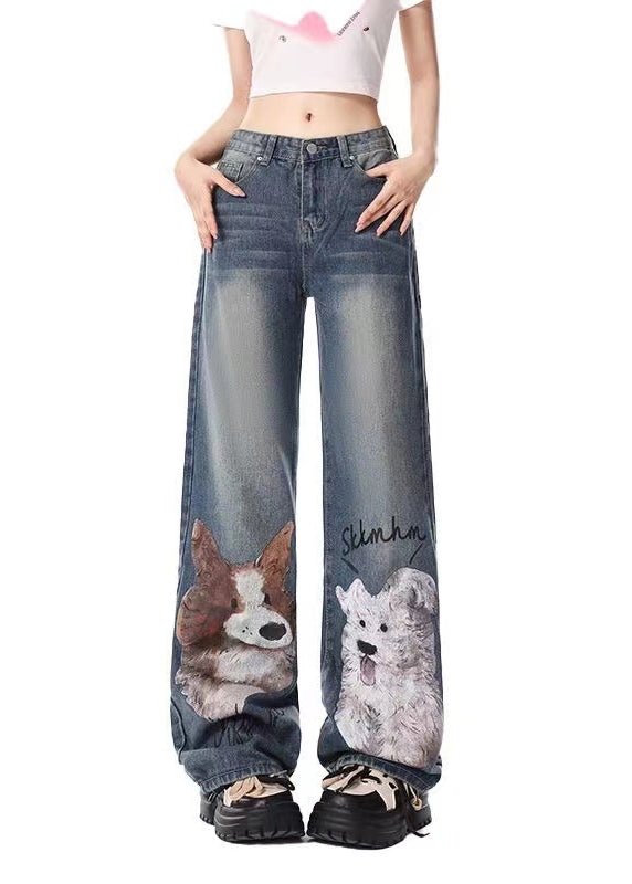 Stylish Blue Puppy Doodle Pockets Denim Straight Pants Spring