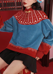 Stylish Blue Red Patchwork Embroideried Button Warm Fleece Sweatshirts Long Sleeve