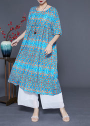 Stylish Blue Ruffled Print Silk Long Dresses Summer