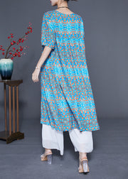 Stylish Blue Ruffled Print Silk Long Dresses Summer