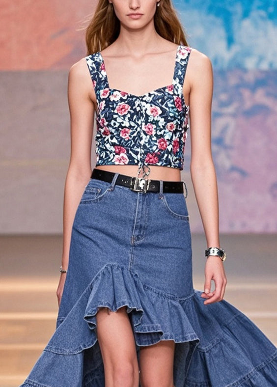 Stylish Blue Ruffles Patchwork Low High Design Denim Wraped Skirts Spring