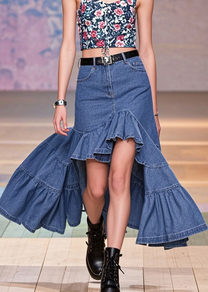 Stylish Blue Ruffles Patchwork Low High Design Denim Wraped Skirts Spring