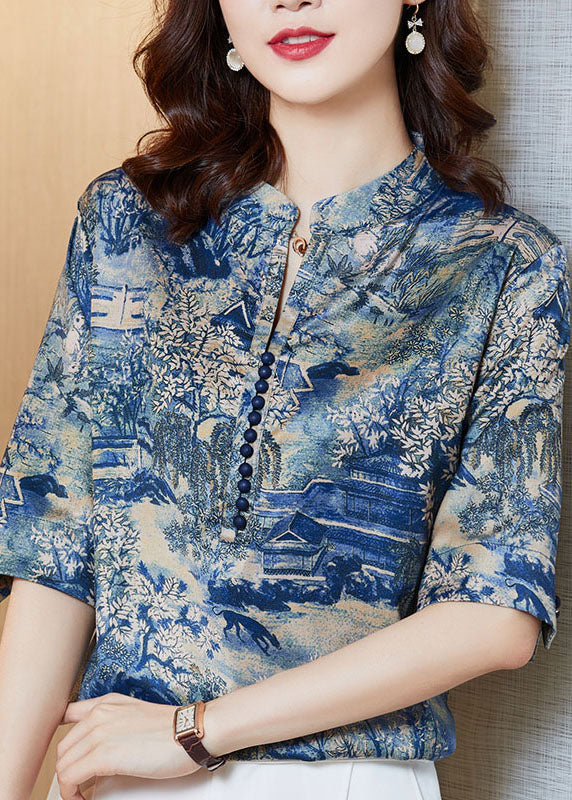 Stylish Blue Stand Collar Print Patchwork Silk Tops Summer