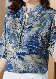 Stylish Blue Stand Collar Print Patchwork Silk Tops Summer