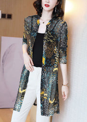 Stylish Blue Stand Collar Print Patchwork Tulle Cardigans Summer