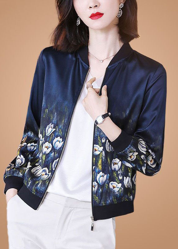 Stylish Blue Stand Collar Zip Up Print Silk Jackets Spring