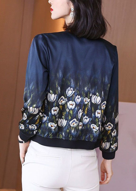 Stylish Blue Stand Collar Zip Up Print Silk Jackets Spring