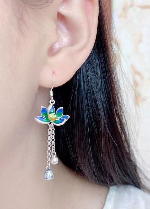 Stylish Blue Steling Silver Enamel Lotus Tassel Drop Earrings