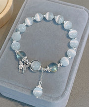 Stylish Blue Sterling Silver Crystal Cat's Eye Stone Butterfly Tassel Charm Bracelet