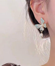 Stylish Blue Sterling Silver Overgild Pearl Butterfly Enamel Drop Earrings