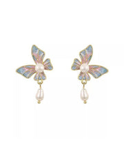 Stylish Blue Sterling Silver Overgild Pearl Butterfly Enamel Drop Earrings