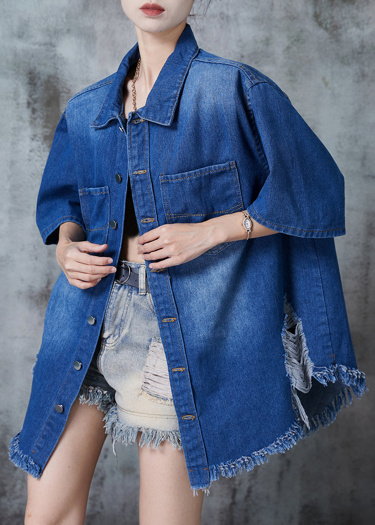 Stylish Blue Tasseled Oversized Denim Ripped Blouse Tops Summer