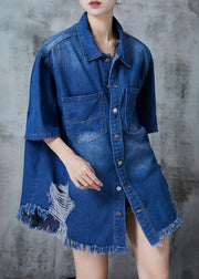 Stylish Blue Tasseled Oversized Denim Ripped Blouse Tops Summer